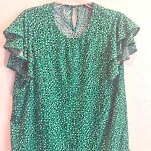 Adriana Papel Boho Polka Dot Kelly Green Flutter sleeve St. Patrick Blouse top M